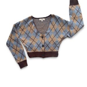 Stylish Argyle V-Neck Cardigan in Blue and Tan